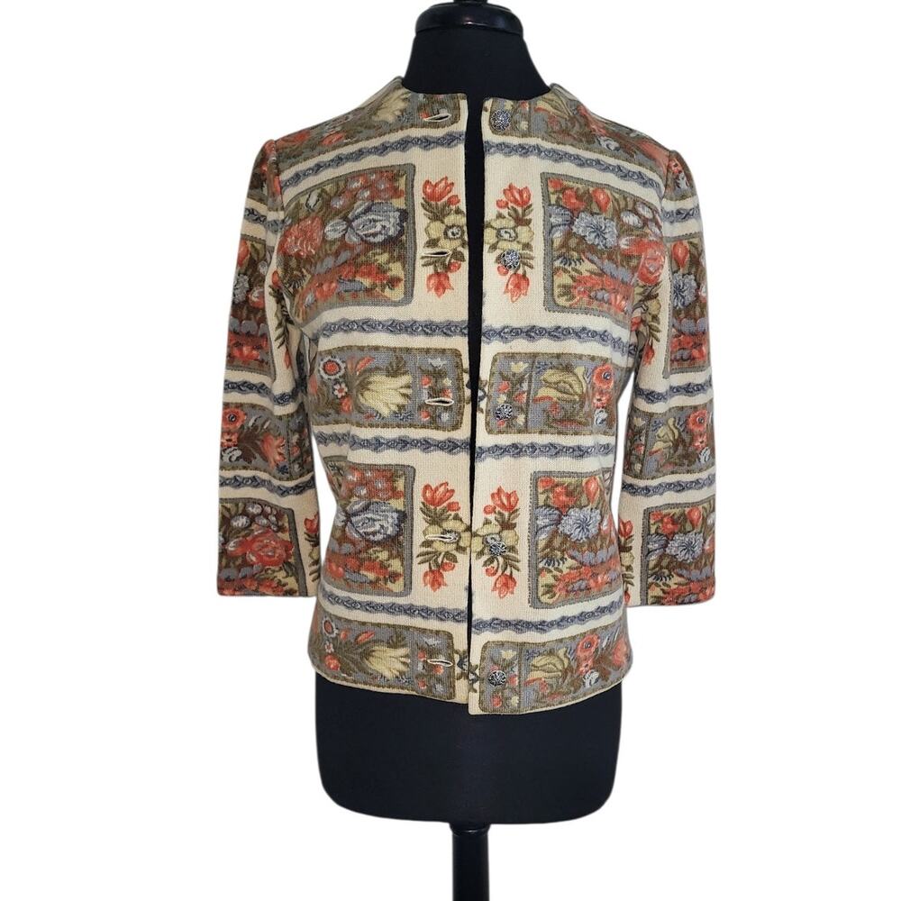 VTG Germany Wool Floral Tapestry Cardigan Art To Wear M Retro Mad Men Collector